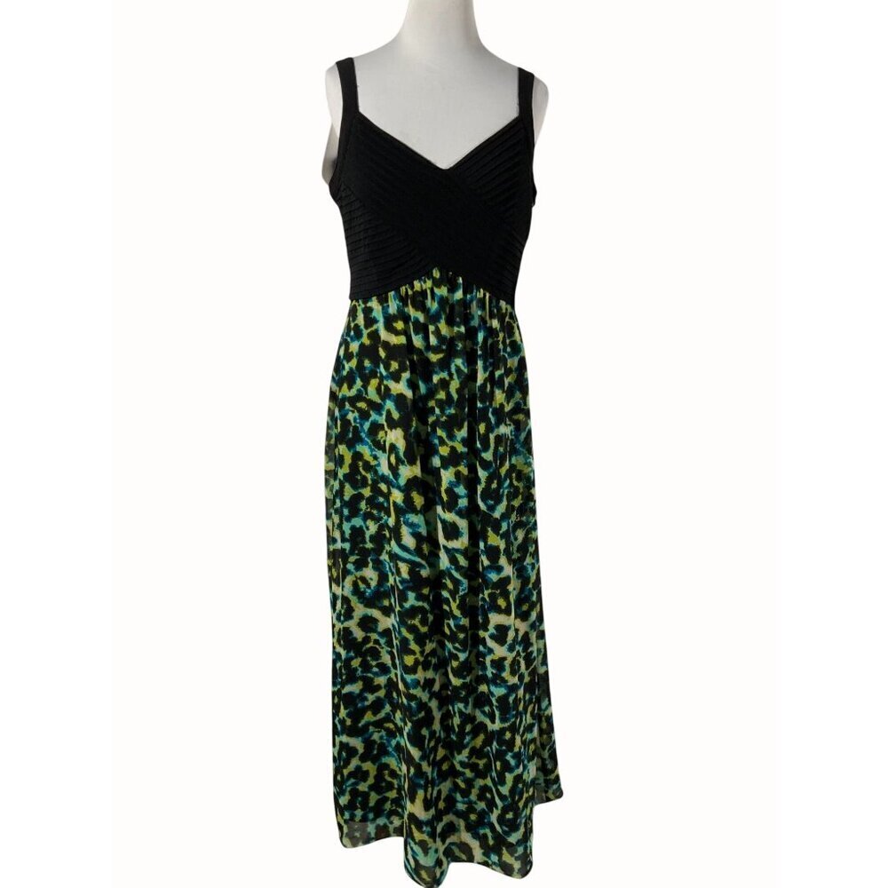 Signature By Robbie Bee Maxi Dress Black Ruched Multicolor Animal Print NEW 12